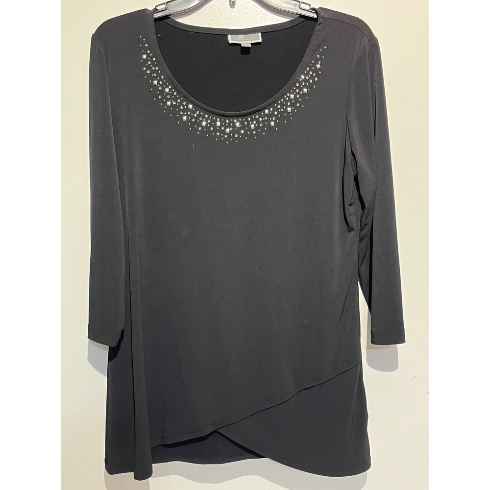 JM Collection Womens Black Embellished Scoop Neck Tulip Hem Tunic Top Size M